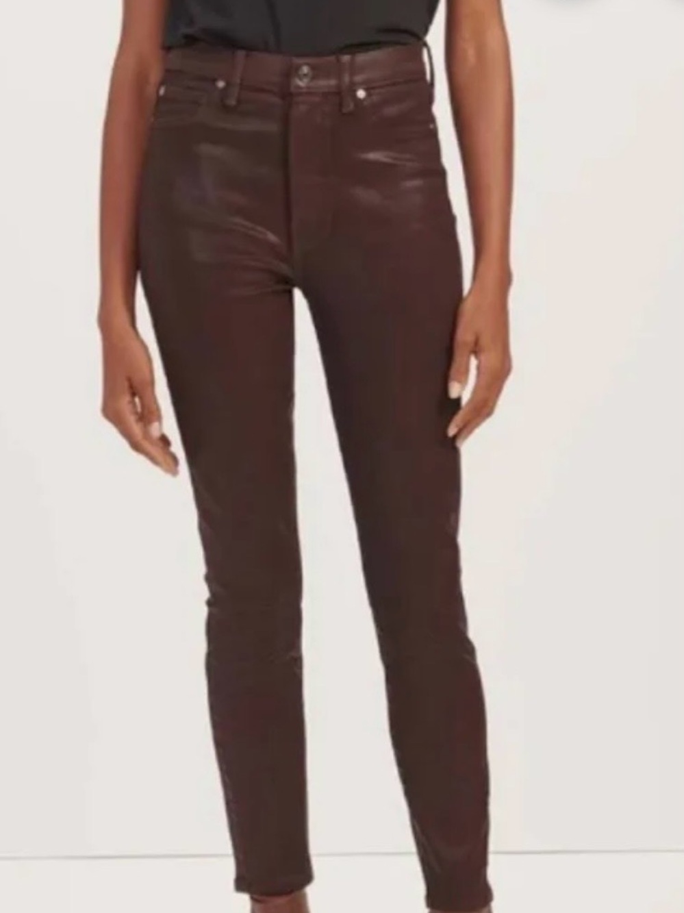 Coated High-Rise Skinny Jeans in Chocolate Brown